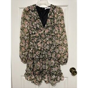 All in Favor Coquette Floral Long Sleeve Chiffon Dress Tiered Ruffle Women XS